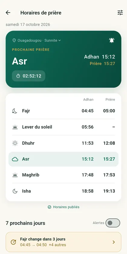 Horaires de la semaine